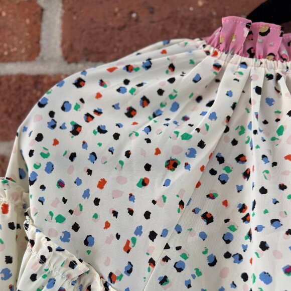 Entro Pink & Ivory Colorblock Ruffle Cuff Polka Dot Blouse M - Picture 2 of 10